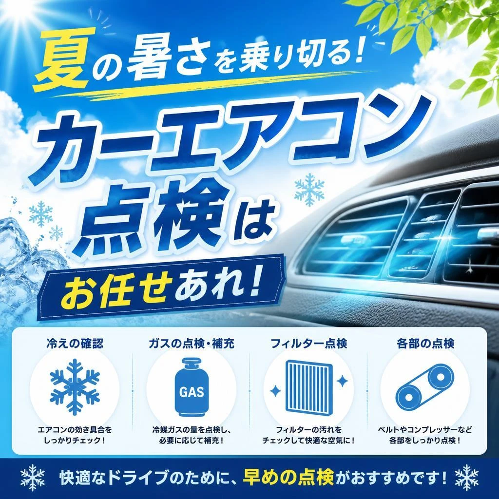 夏の暑さを乗り切る！カーエアコン点検はお任せあれ